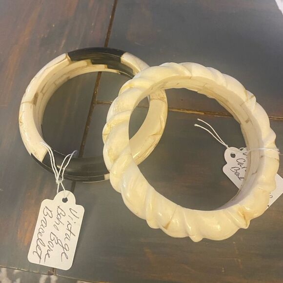 2 Vintage Carved Bone Boho Bracelets - Picture 1 of 6